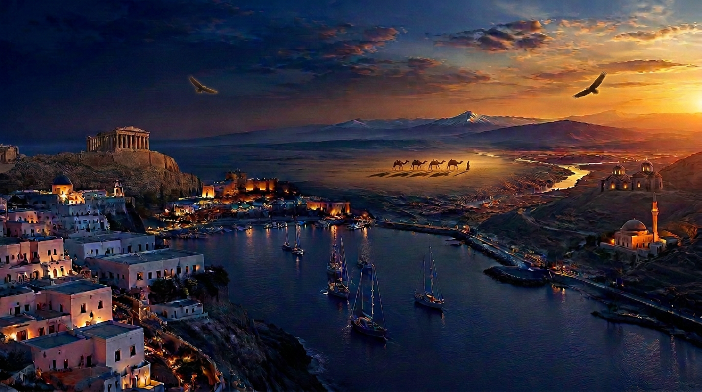 Greek harbor meeting the Eurasian horizon